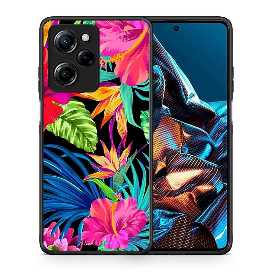 Θήκη Xiaomi Poco X5 Pro 5G Dual Tropical Flowers από τη Smartfits με σχέδιο στο πίσω μέρος και μαύρο περίβλημα | Xiaomi Poco X5 Pro 5G Dual Tropical Flowers Case with Colorful Back and Black Bezels