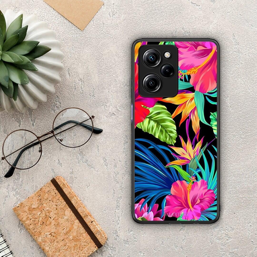 Θήκη Xiaomi Poco X5 Pro 5G Dual Tropical Flowers από τη Smartfits με σχέδιο στο πίσω μέρος και μαύρο περίβλημα | Xiaomi Poco X5 Pro 5G Dual Tropical Flowers Case with Colorful Back and Black Bezels