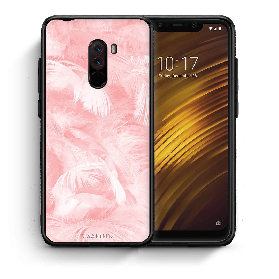 Θήκη Xiaomi Pocophone F1 Pink Feather Boho από τη Smartfits με σχέδιο στο πίσω μέρος και μαύρο περίβλημα | Xiaomi Pocophone F1 Pink Feather Boho case with colorful back and black bezels