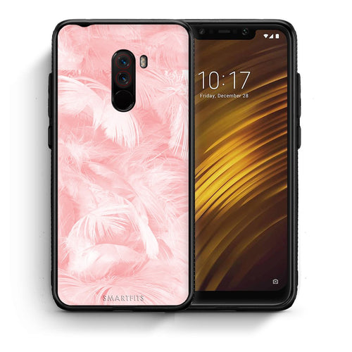 Θήκη Xiaomi Pocophone F1 Pink Feather Boho από τη Smartfits με σχέδιο στο πίσω μέρος και μαύρο περίβλημα | Xiaomi Pocophone F1 Pink Feather Boho case with colorful back and black bezels