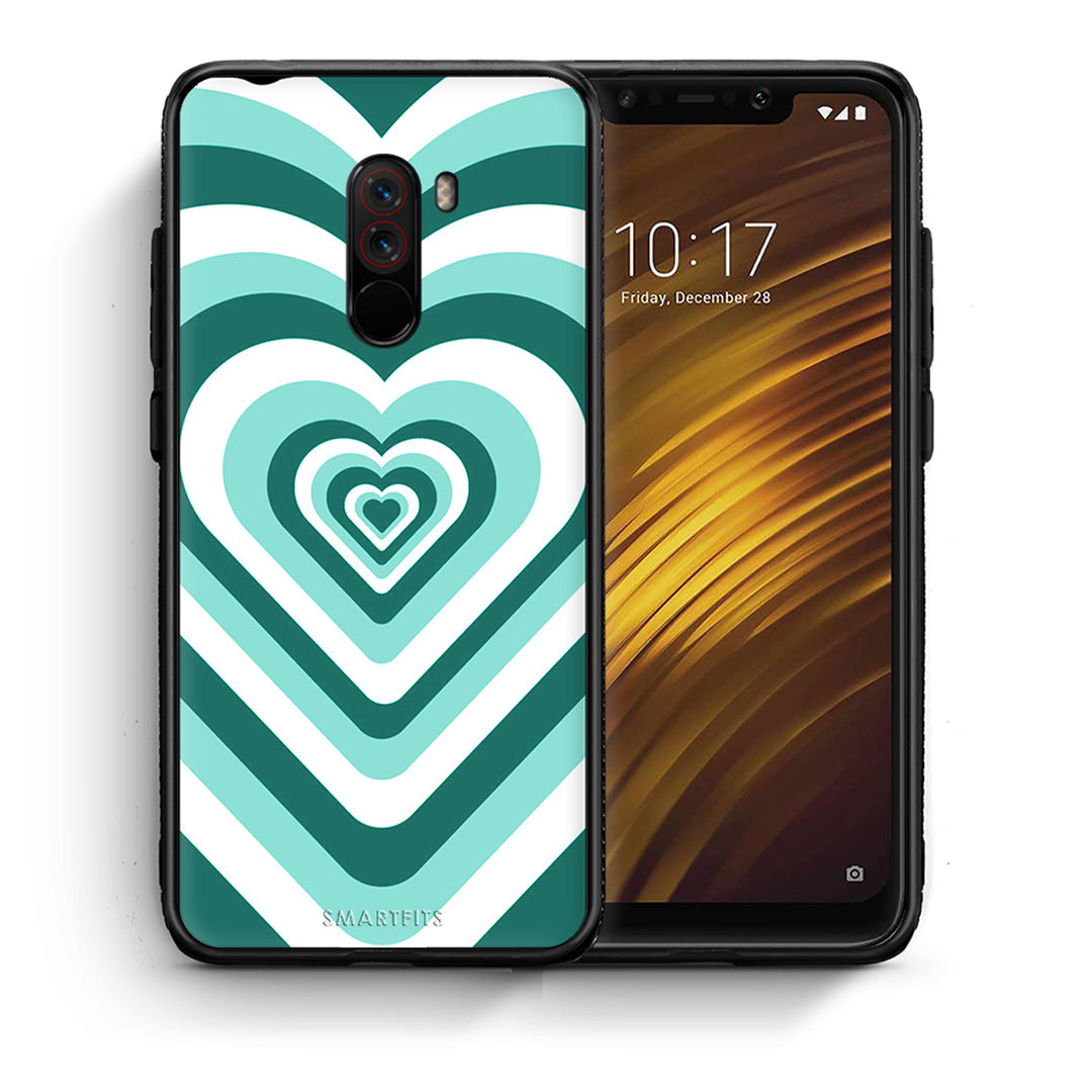 Θήκη Xiaomi Pocophone F1 Green Hearts από τη Smartfits με σχέδιο στο πίσω μέρος και μαύρο περίβλημα | Xiaomi Pocophone F1 Green Hearts case with colorful back and black bezels