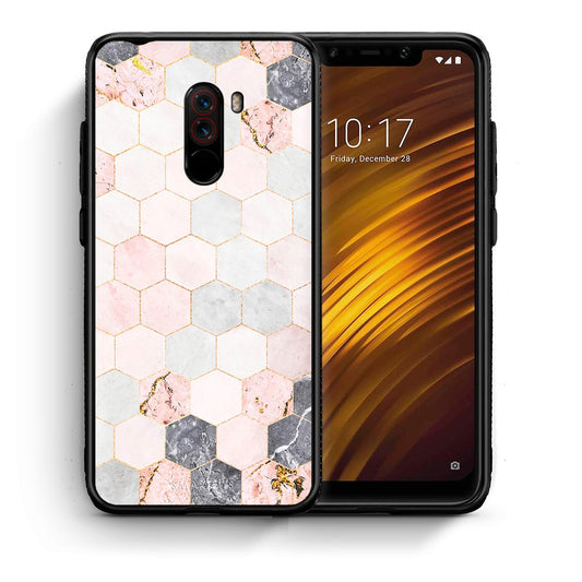 Θήκη Xiaomi Pocophone F1 Hexagon Pink Marble από τη Smartfits με σχέδιο στο πίσω μέρος και μαύρο περίβλημα | Xiaomi Pocophone F1 Hexagon Pink Marble case with colorful back and black bezels