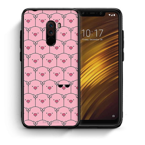 Θήκη Xiaomi Pocophone F1 Pig Glasses από τη Smartfits με σχέδιο στο πίσω μέρος και μαύρο περίβλημα | Xiaomi Pocophone F1 Pig Glasses case with colorful back and black bezels