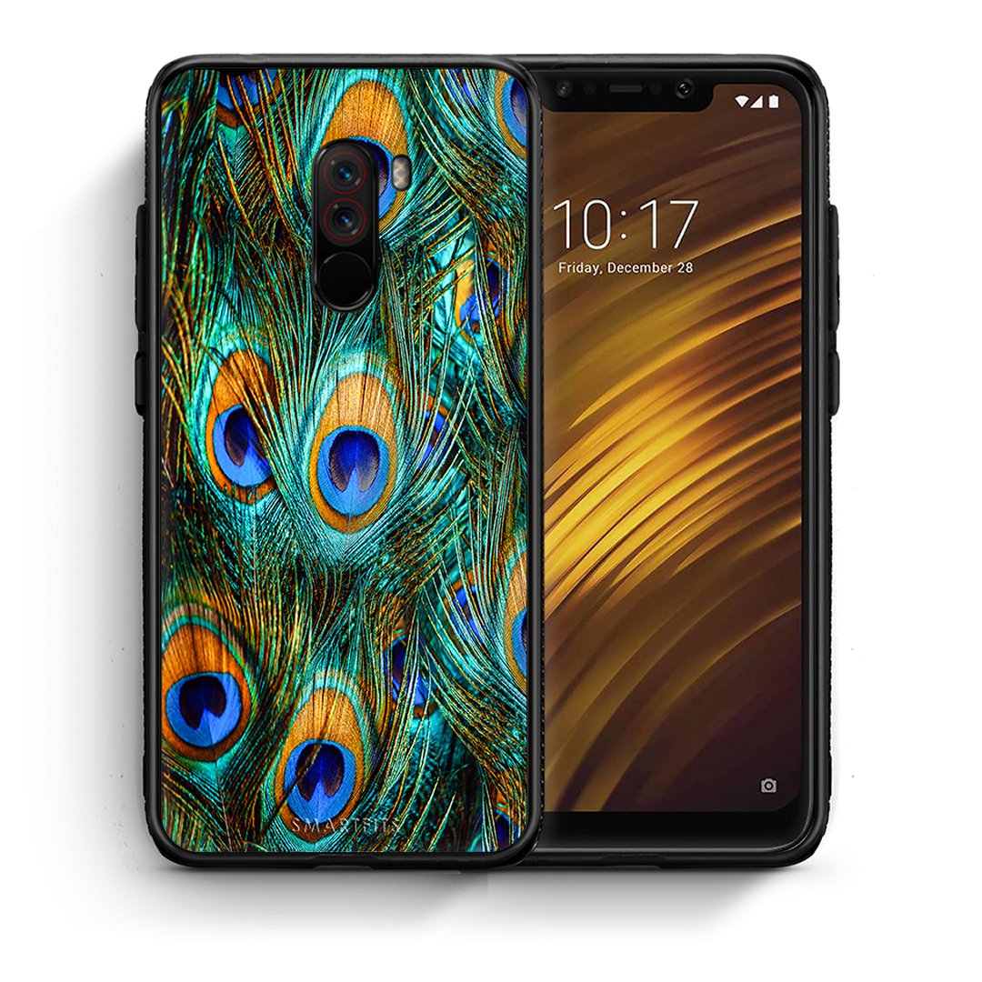 Θήκη Xiaomi Pocophone F1 Real Peacock Feathers από τη Smartfits με σχέδιο στο πίσω μέρος και μαύρο περίβλημα | Xiaomi Pocophone F1 Real Peacock Feathers case with colorful back and black bezels