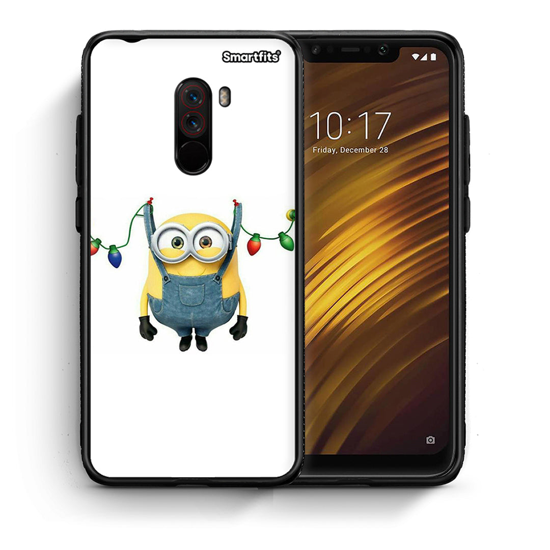 Θήκη Xiaomi Pocophone F1 Xmas Minion Lights από τη Smartfits με σχέδιο στο πίσω μέρος και μαύρο περίβλημα | Xiaomi Pocophone F1 Xmas Minion Lights case with colorful back and black bezels