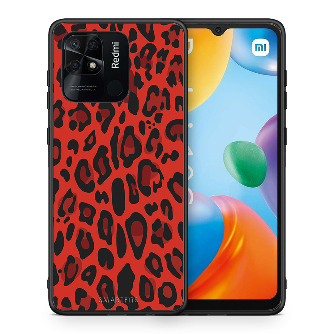 Θήκη Xiaomi Redmi 10C Red Leopard Animal από τη Smartfits με σχέδιο στο πίσω μέρος και μαύρο περίβλημα | Xiaomi Redmi 10C Red Leopard Animal case with colorful back and black bezels