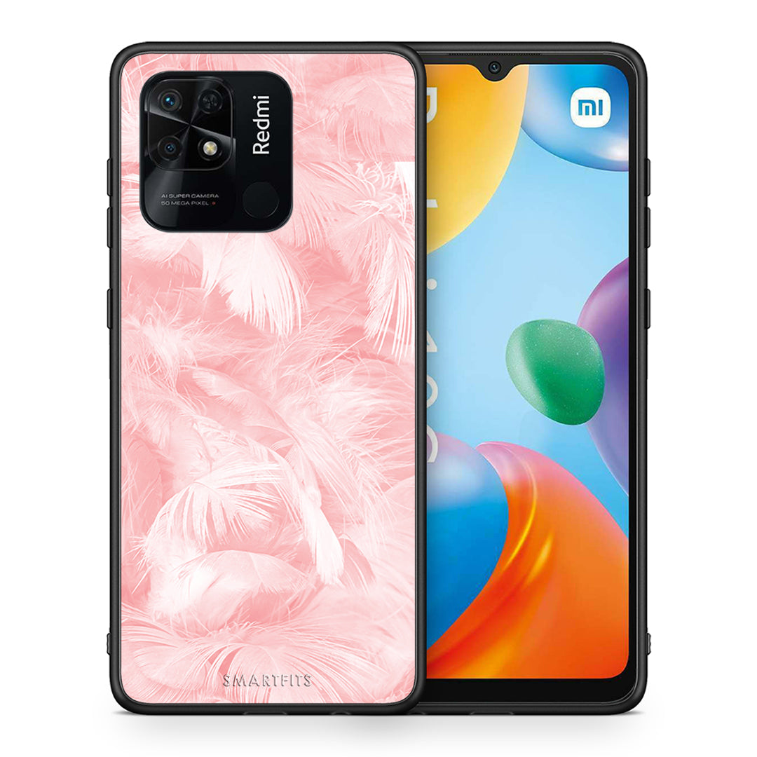 Θήκη Xiaomi Redmi 10C Pink Feather Boho από τη Smartfits με σχέδιο στο πίσω μέρος και μαύρο περίβλημα | Xiaomi Redmi 10C Pink Feather Boho case with colorful back and black bezels