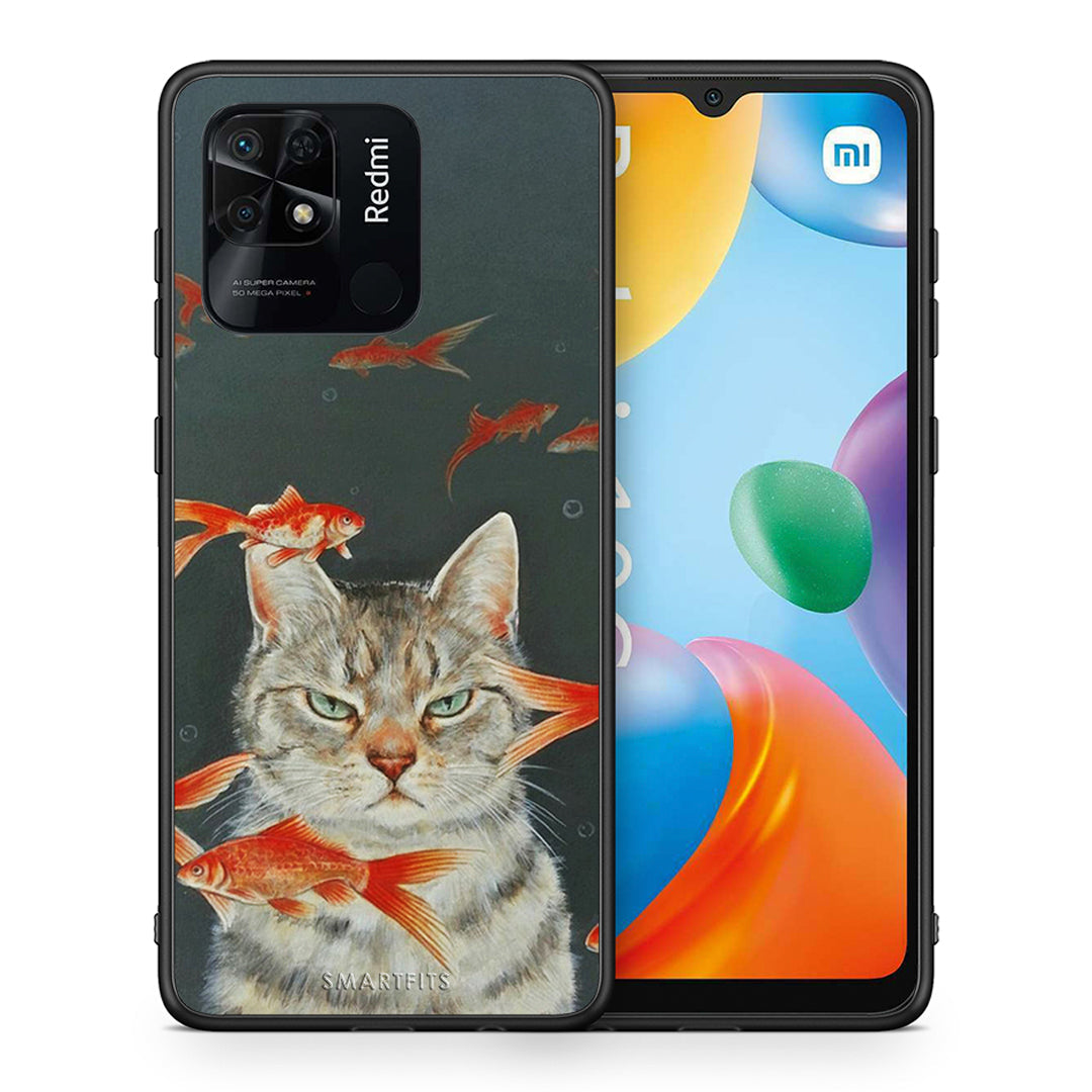 Θήκη Xiaomi Redmi 10C Cat Goldfish από τη Smartfits με σχέδιο στο πίσω μέρος και μαύρο περίβλημα | Xiaomi Redmi 10C Cat Goldfish case with colorful back and black bezels