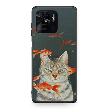 Xiaomi Redmi 10C Cat Goldfish θήκη από τη Smartfits με σχέδιο στο πίσω μέρος και μαύρο περίβλημα | Smartphone case with colorful back and black bezels by Smartfits