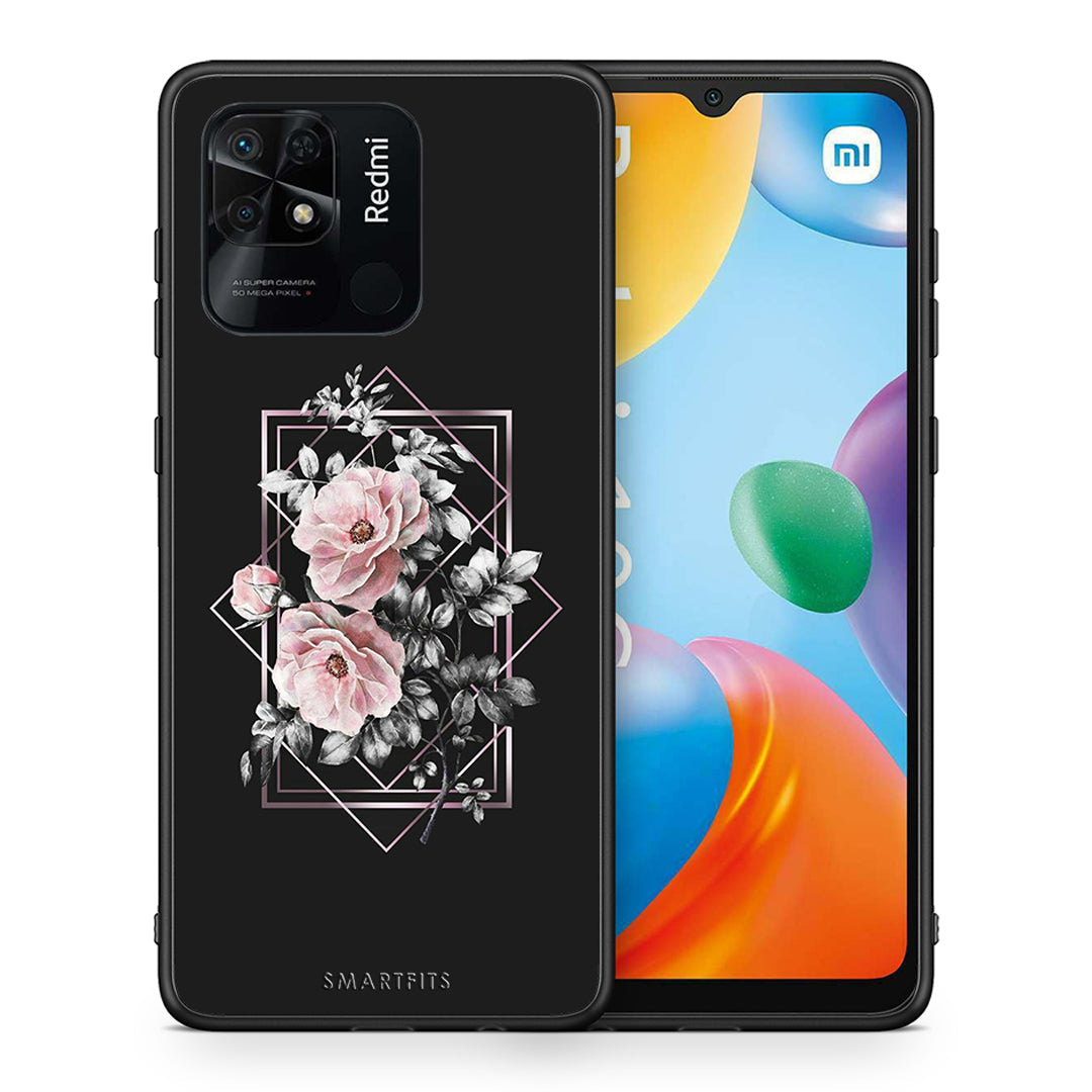 Θήκη Xiaomi Redmi 10C Frame Flower από τη Smartfits με σχέδιο στο πίσω μέρος και μαύρο περίβλημα | Xiaomi Redmi 10C Frame Flower case with colorful back and black bezels