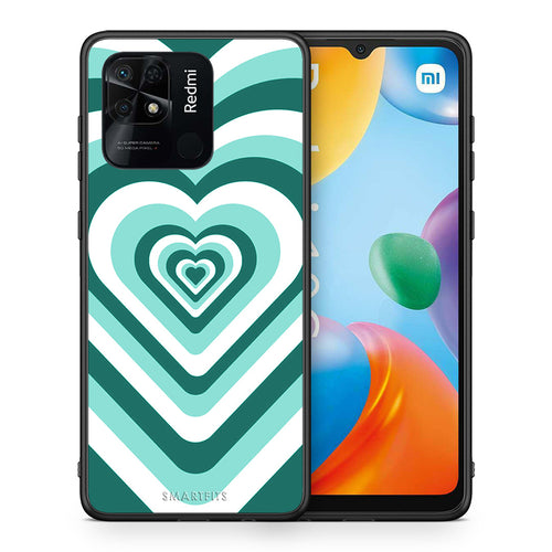 Θήκη Xiaomi Redmi 10C Green Hearts από τη Smartfits με σχέδιο στο πίσω μέρος και μαύρο περίβλημα | Xiaomi Redmi 10C Green Hearts case with colorful back and black bezels