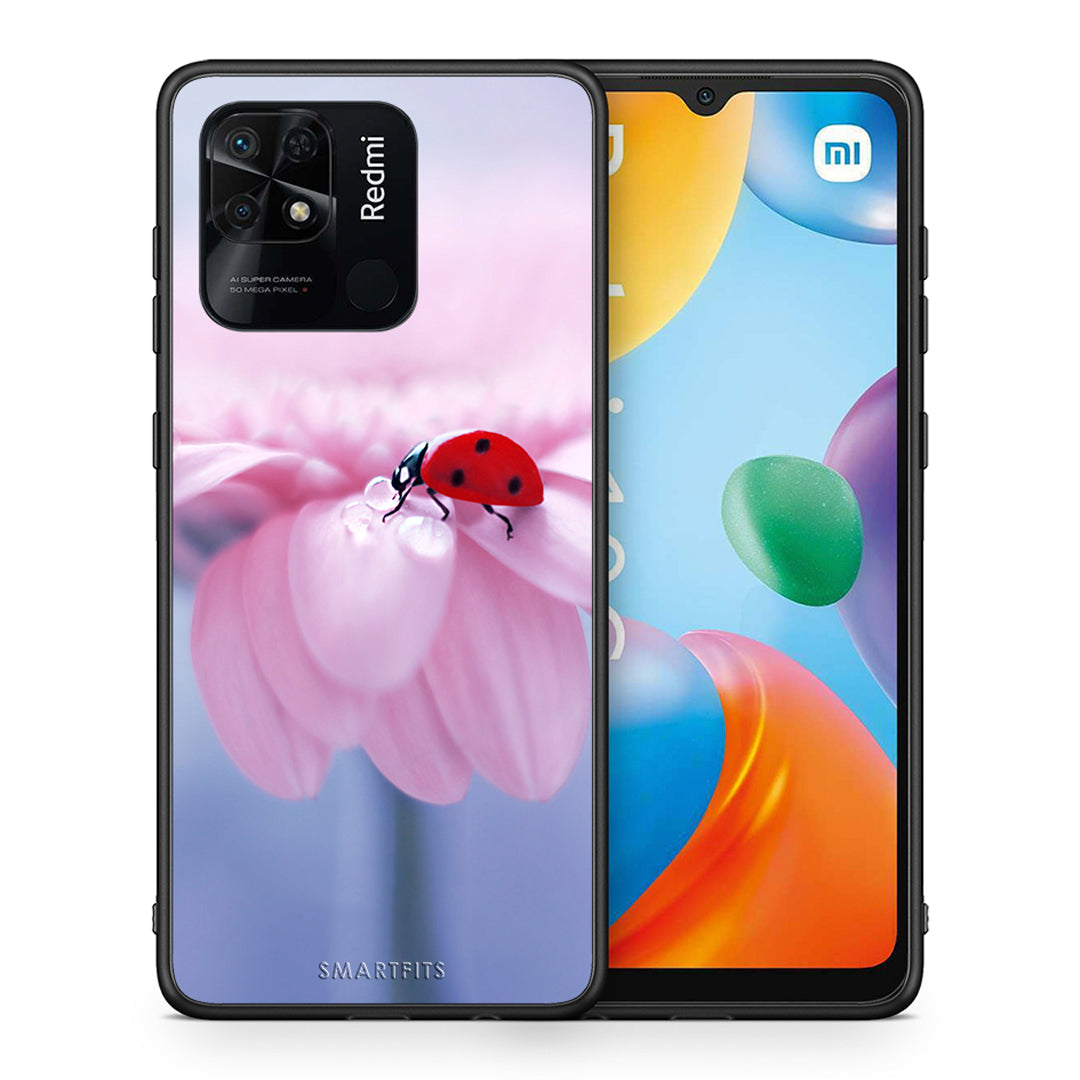 Θήκη Xiaomi Redmi 10C Ladybug Flower από τη Smartfits με σχέδιο στο πίσω μέρος και μαύρο περίβλημα | Xiaomi Redmi 10C Ladybug Flower case with colorful back and black bezels