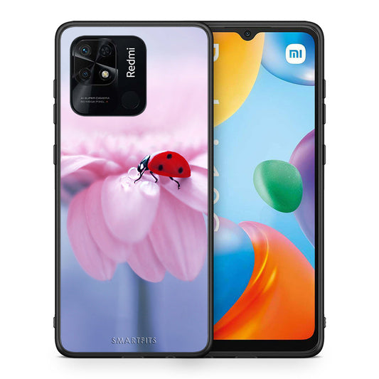 Θήκη Xiaomi Redmi 10C Ladybug Flower από τη Smartfits με σχέδιο στο πίσω μέρος και μαύρο περίβλημα | Xiaomi Redmi 10C Ladybug Flower case with colorful back and black bezels