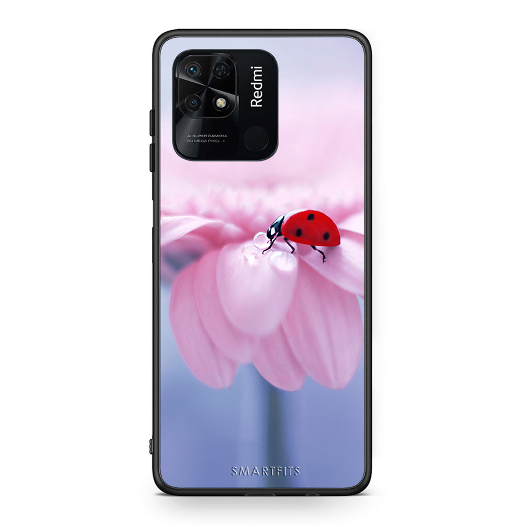 Xiaomi Redmi 10C Ladybug Flower θήκη από τη Smartfits με σχέδιο στο πίσω μέρος και μαύρο περίβλημα | Smartphone case with colorful back and black bezels by Smartfits