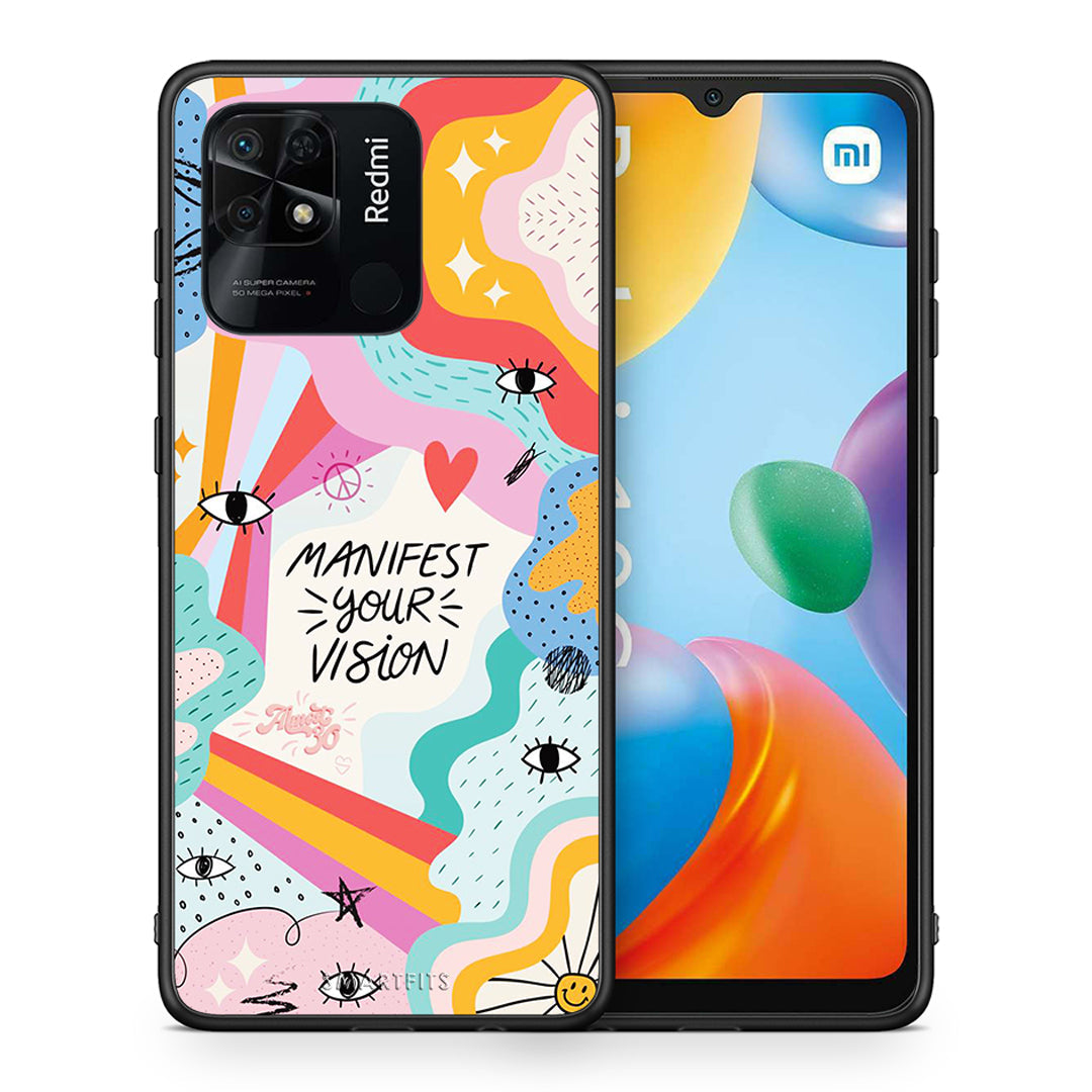 Θήκη Xiaomi Redmi 10C Manifest Your Vision από τη Smartfits με σχέδιο στο πίσω μέρος και μαύρο περίβλημα | Xiaomi Redmi 10C Manifest Your Vision case with colorful back and black bezels