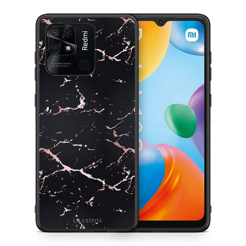 Θήκη Xiaomi Redmi 10C Black Rosegold Marble από τη Smartfits με σχέδιο στο πίσω μέρος και μαύρο περίβλημα | Xiaomi Redmi 10C Black Rosegold Marble case with colorful back and black bezels