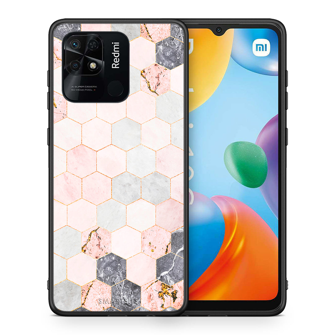 Θήκη Xiaomi Redmi 10C Hexagon Pink Marble από τη Smartfits με σχέδιο στο πίσω μέρος και μαύρο περίβλημα | Xiaomi Redmi 10C Hexagon Pink Marble case with colorful back and black bezels