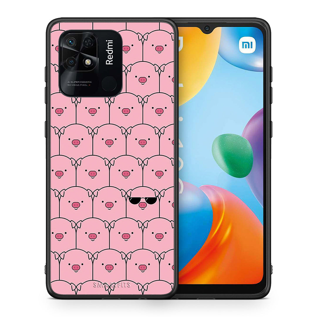 Θήκη Xiaomi Redmi 10C Pig Glasses από τη Smartfits με σχέδιο στο πίσω μέρος και μαύρο περίβλημα | Xiaomi Redmi 10C Pig Glasses case with colorful back and black bezels