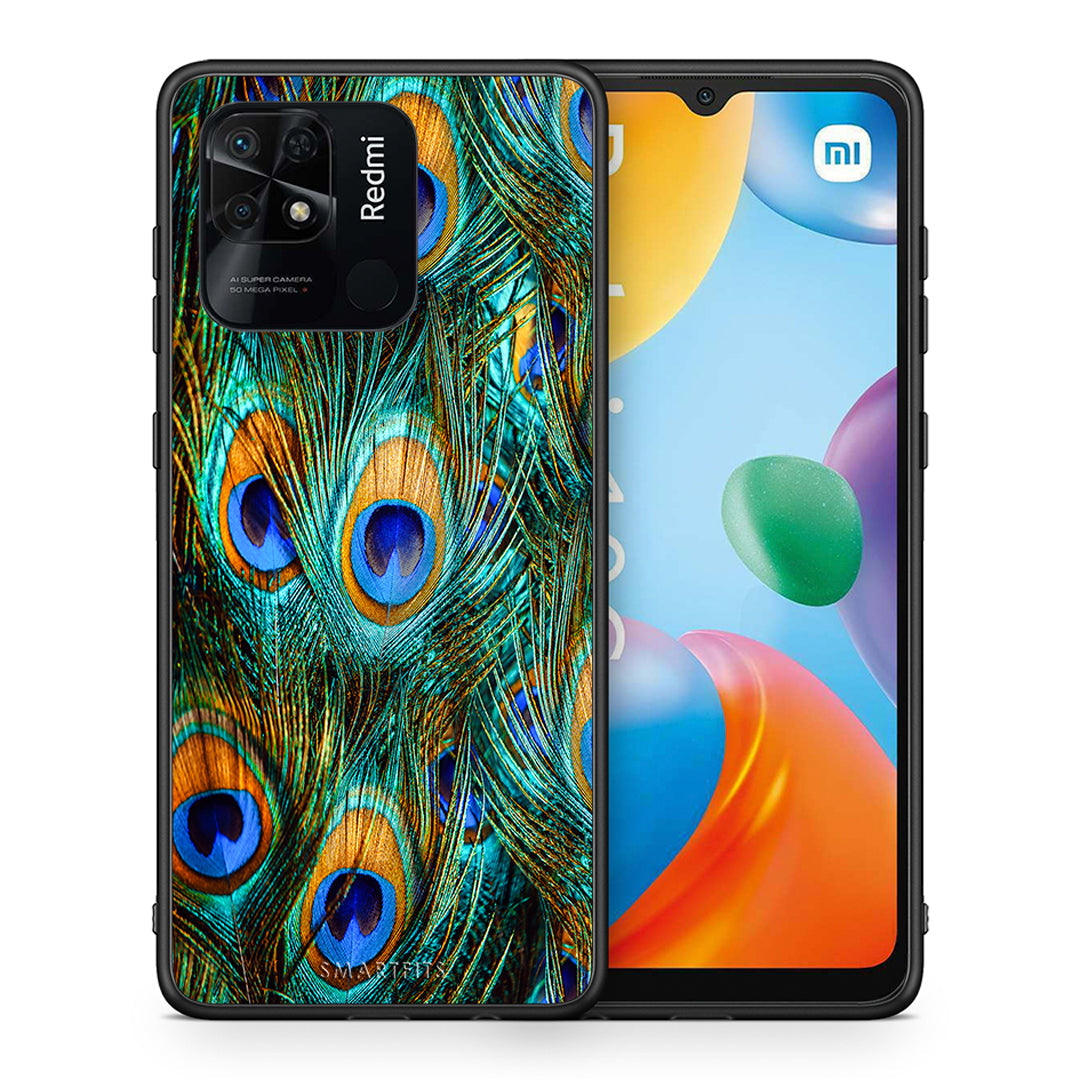 Θήκη Xiaomi Redmi 10C Real Peacock Feathers από τη Smartfits με σχέδιο στο πίσω μέρος και μαύρο περίβλημα | Xiaomi Redmi 10C Real Peacock Feathers case with colorful back and black bezels