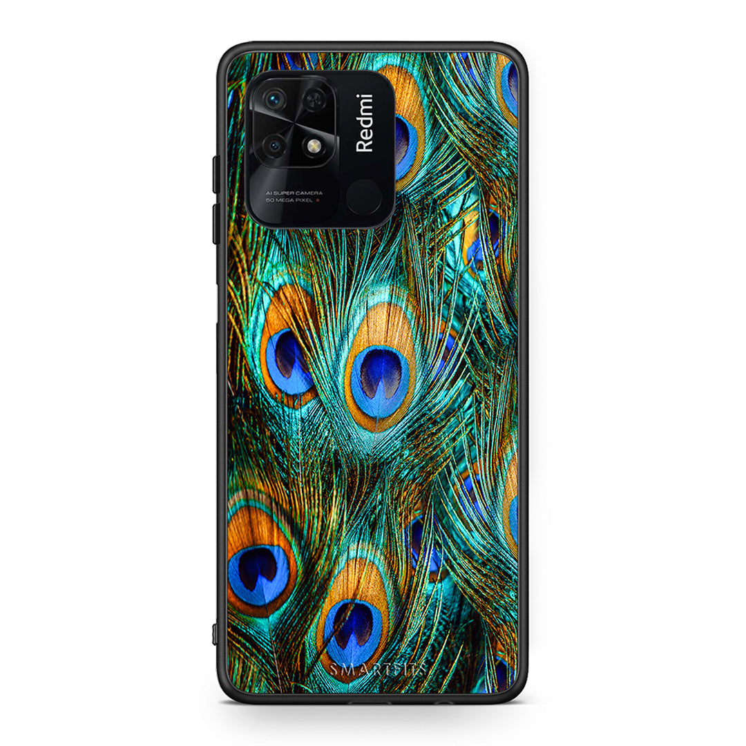 Xiaomi Redmi 10C Real Peacock Feathers θήκη από τη Smartfits με σχέδιο στο πίσω μέρος και μαύρο περίβλημα | Smartphone case with colorful back and black bezels by Smartfits