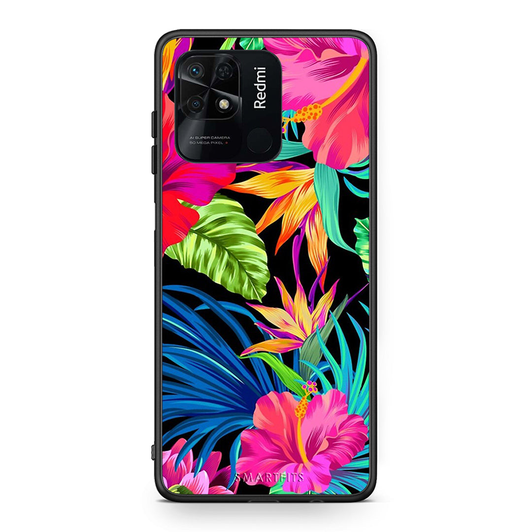 Xiaomi Redmi 10C Tropical Flowers θήκη από τη Smartfits με σχέδιο στο πίσω μέρος και μαύρο περίβλημα | Smartphone case with colorful back and black bezels by Smartfits