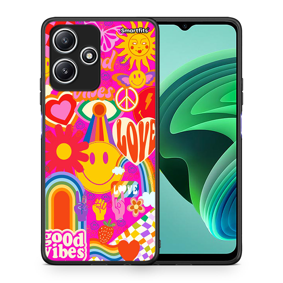 Θήκη Xiaomi Redmi 12 5G Hippie Love από τη Smartfits με σχέδιο στο πίσω μέρος και μαύρο περίβλημα | Xiaomi Redmi 12 5G Hippie Love case with colorful back and black bezels