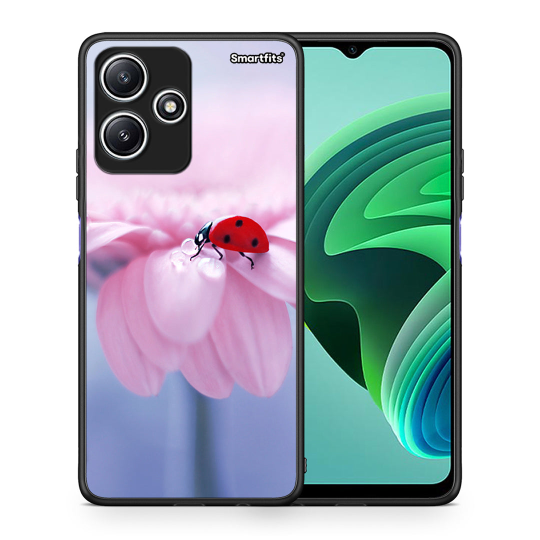 Θήκη Xiaomi Redmi 12 5G Ladybug Flower από τη Smartfits με σχέδιο στο πίσω μέρος και μαύρο περίβλημα | Xiaomi Redmi 12 5G Ladybug Flower case with colorful back and black bezels