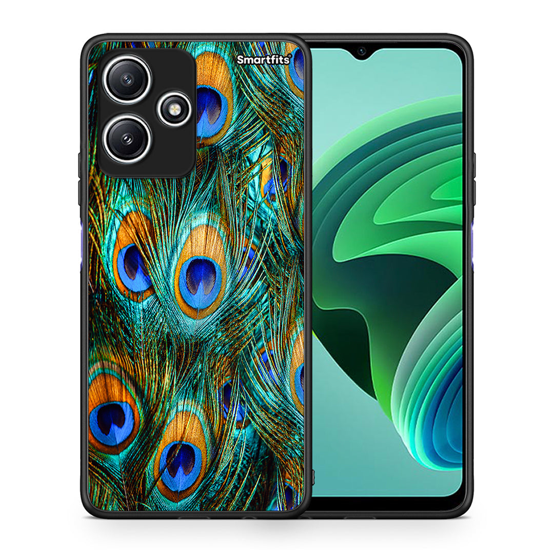 Θήκη Xiaomi Redmi 12 5G Real Peacock Feathers από τη Smartfits με σχέδιο στο πίσω μέρος και μαύρο περίβλημα | Xiaomi Redmi 12 5G Real Peacock Feathers case with colorful back and black bezels