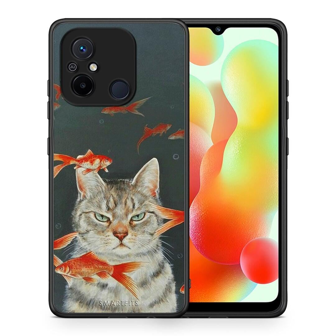 Θήκη Xiaomi Redmi 12C Cat Goldfish από τη Smartfits με σχέδιο στο πίσω μέρος και μαύρο περίβλημα | Xiaomi Redmi 12C Cat Goldfish Case with Colorful Back and Black Bezels