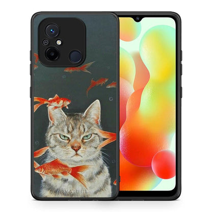 Θήκη Xiaomi Redmi 12C Cat Goldfish από τη Smartfits με σχέδιο στο πίσω μέρος και μαύρο περίβλημα | Xiaomi Redmi 12C Cat Goldfish Case with Colorful Back and Black Bezels