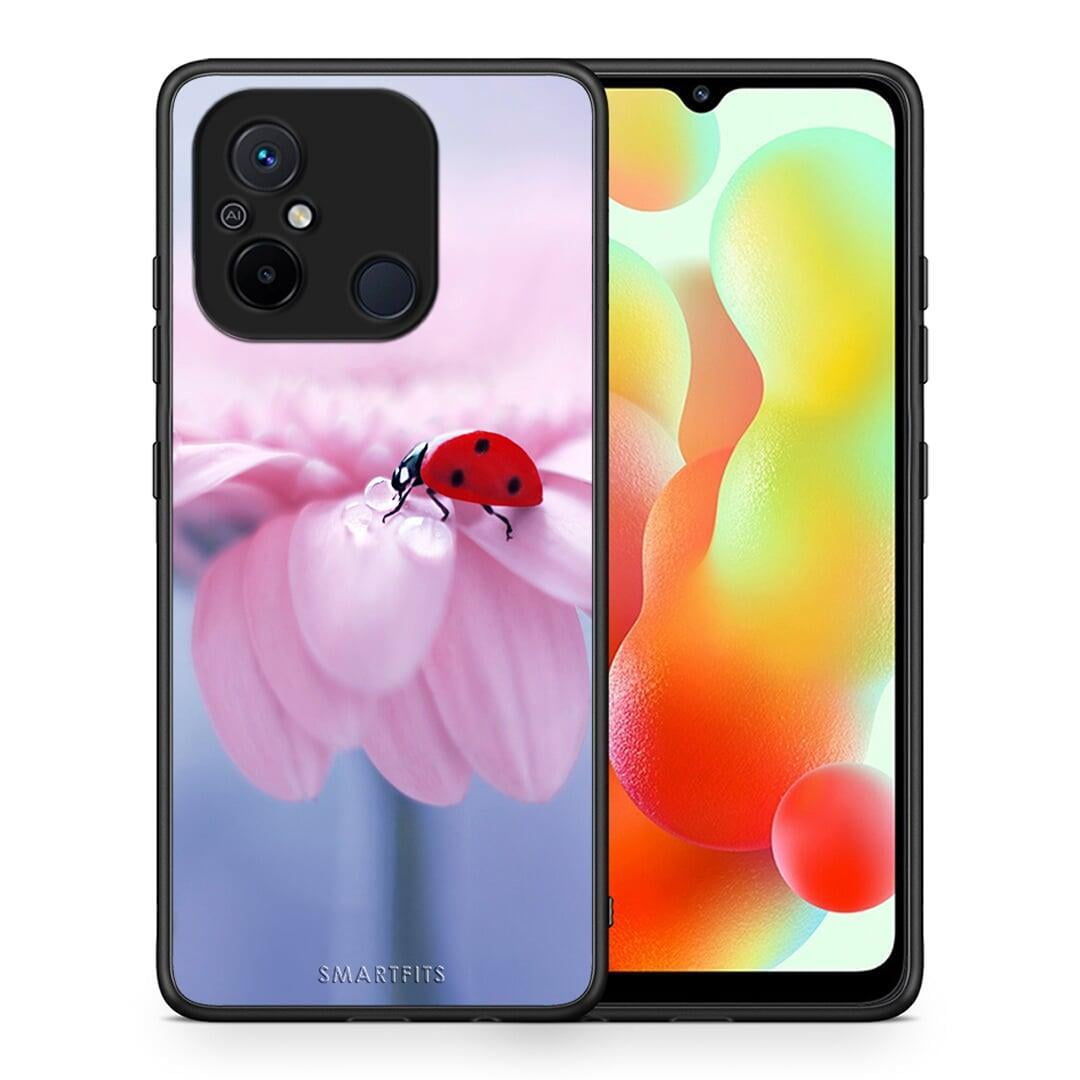Θήκη Xiaomi Redmi 12C Ladybug Flower από τη Smartfits με σχέδιο στο πίσω μέρος και μαύρο περίβλημα | Xiaomi Redmi 12C Ladybug Flower Case with Colorful Back and Black Bezels