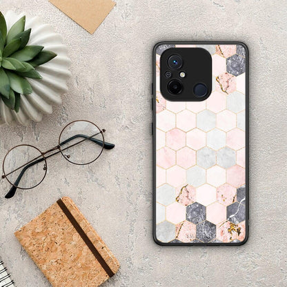 Θήκη Xiaomi Redmi 12C Marble Hexagon Pink από τη Smartfits με σχέδιο στο πίσω μέρος και μαύρο περίβλημα | Xiaomi Redmi 12C Marble Hexagon Pink Case with Colorful Back and Black Bezels