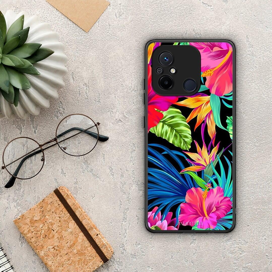 Θήκη Xiaomi Redmi 12C Tropical Flowers από τη Smartfits με σχέδιο στο πίσω μέρος και μαύρο περίβλημα | Xiaomi Redmi 12C Tropical Flowers Case with Colorful Back and Black Bezels