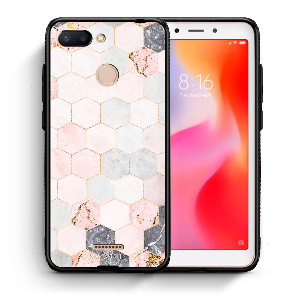 Θήκη Xiaomi Redmi 6 Hexagon Pink Marble από τη Smartfits με σχέδιο στο πίσω μέρος και μαύρο περίβλημα | Xiaomi Redmi 6 Hexagon Pink Marble case with colorful back and black bezels