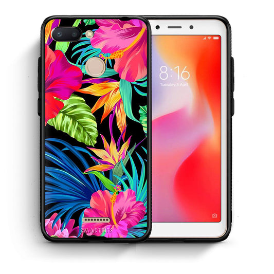 Θήκη Xiaomi Redmi 6 Tropical Flowers από τη Smartfits με σχέδιο στο πίσω μέρος και μαύρο περίβλημα | Xiaomi Redmi 6 Tropical Flowers case with colorful back and black bezels