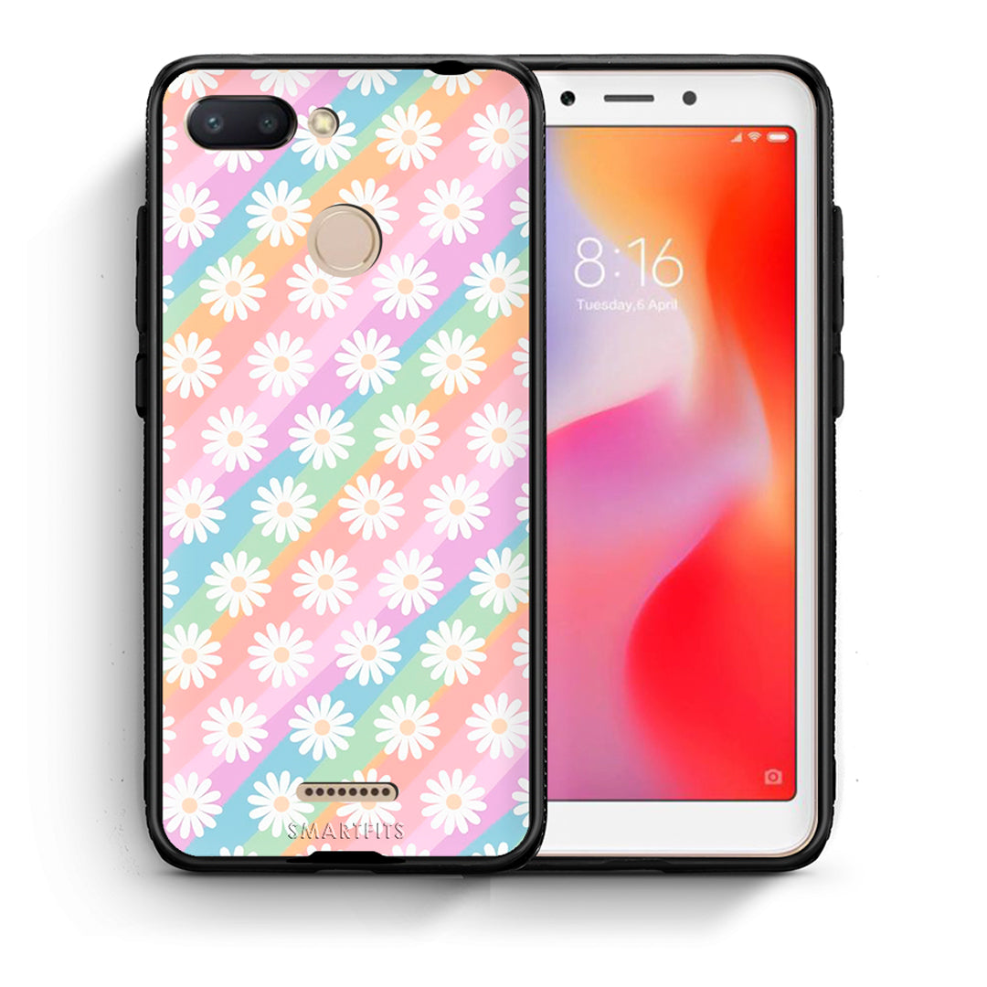 Θήκη Xiaomi Redmi 6 White Daisies από τη Smartfits με σχέδιο στο πίσω μέρος και μαύρο περίβλημα | Xiaomi Redmi 6 White Daisies case with colorful back and black bezels