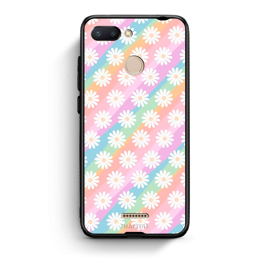 Xiaomi Redmi 6 White Daisies θήκη από τη Smartfits με σχέδιο στο πίσω μέρος και μαύρο περίβλημα | Smartphone case with colorful back and black bezels by Smartfits