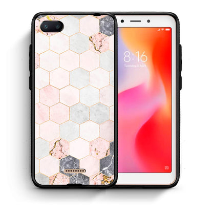 Θήκη Xiaomi Redmi 6A Hexagon Pink Marble από τη Smartfits με σχέδιο στο πίσω μέρος και μαύρο περίβλημα | Xiaomi Redmi 6A Hexagon Pink Marble case with colorful back and black bezels