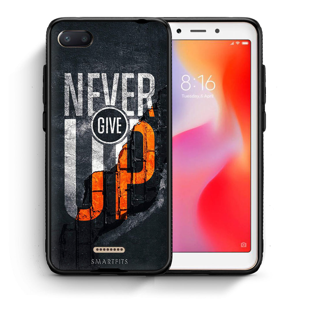 Θήκη Αγίου Βαλεντίνου Xiaomi Redmi 6A Never Give Up από τη Smartfits με σχέδιο στο πίσω μέρος και μαύρο περίβλημα | Xiaomi Redmi 6A Never Give Up case with colorful back and black bezels
