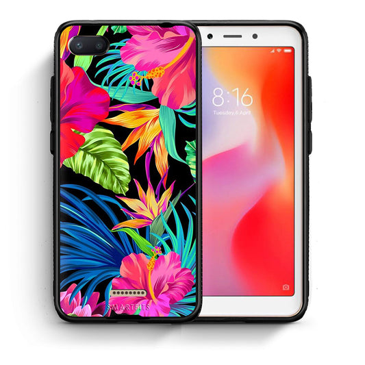 Θήκη Xiaomi Redmi 6A Tropical Flowers από τη Smartfits με σχέδιο στο πίσω μέρος και μαύρο περίβλημα | Xiaomi Redmi 6A Tropical Flowers case with colorful back and black bezels