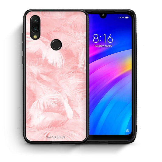 Θήκη Xiaomi Redmi 7 Pink Feather Boho από τη Smartfits με σχέδιο στο πίσω μέρος και μαύρο περίβλημα | Xiaomi Redmi 7 Pink Feather Boho case with colorful back and black bezels