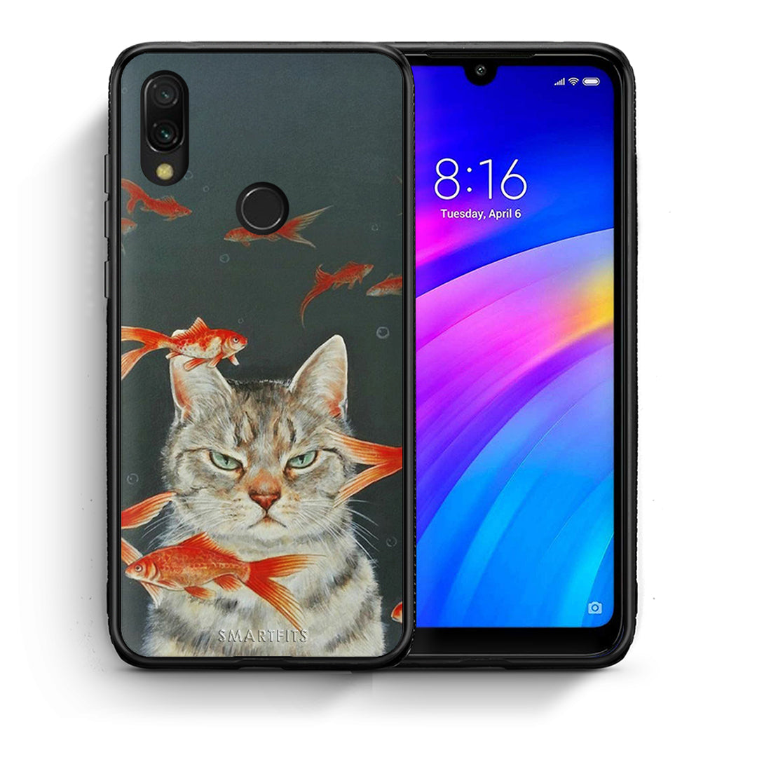Θήκη Xiaomi Redmi 7 Cat Goldfish από τη Smartfits με σχέδιο στο πίσω μέρος και μαύρο περίβλημα | Xiaomi Redmi 7 Cat Goldfish case with colorful back and black bezels