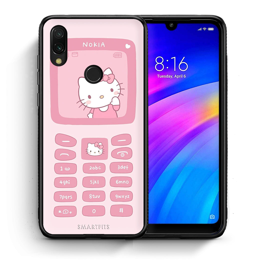 Θήκη Αγίου Βαλεντίνου Xiaomi Redmi 7 Hello Kitten από τη Smartfits με σχέδιο στο πίσω μέρος και μαύρο περίβλημα | Xiaomi Redmi 7 Hello Kitten case with colorful back and black bezels