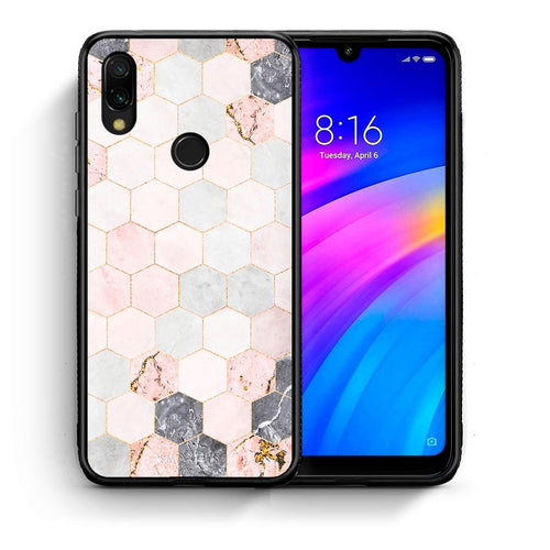 Θήκη Xiaomi Redmi 7 Hexagon Pink Marble από τη Smartfits με σχέδιο στο πίσω μέρος και μαύρο περίβλημα | Xiaomi Redmi 7 Hexagon Pink Marble case with colorful back and black bezels