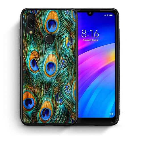 Θήκη Xiaomi Redmi 7 Real Peacock Feathers από τη Smartfits με σχέδιο στο πίσω μέρος και μαύρο περίβλημα | Xiaomi Redmi 7 Real Peacock Feathers case with colorful back and black bezels