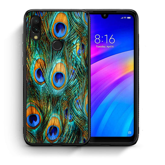 Θήκη Xiaomi Redmi 7 Real Peacock Feathers από τη Smartfits με σχέδιο στο πίσω μέρος και μαύρο περίβλημα | Xiaomi Redmi 7 Real Peacock Feathers case with colorful back and black bezels