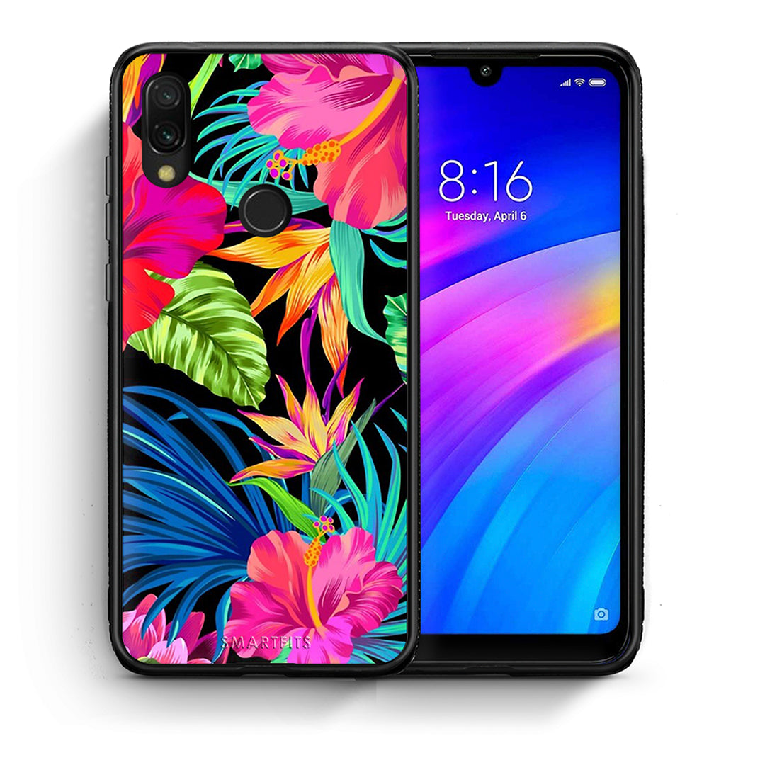 Θήκη Xiaomi Redmi 7 Tropical Flowers από τη Smartfits με σχέδιο στο πίσω μέρος και μαύρο περίβλημα | Xiaomi Redmi 7 Tropical Flowers case with colorful back and black bezels