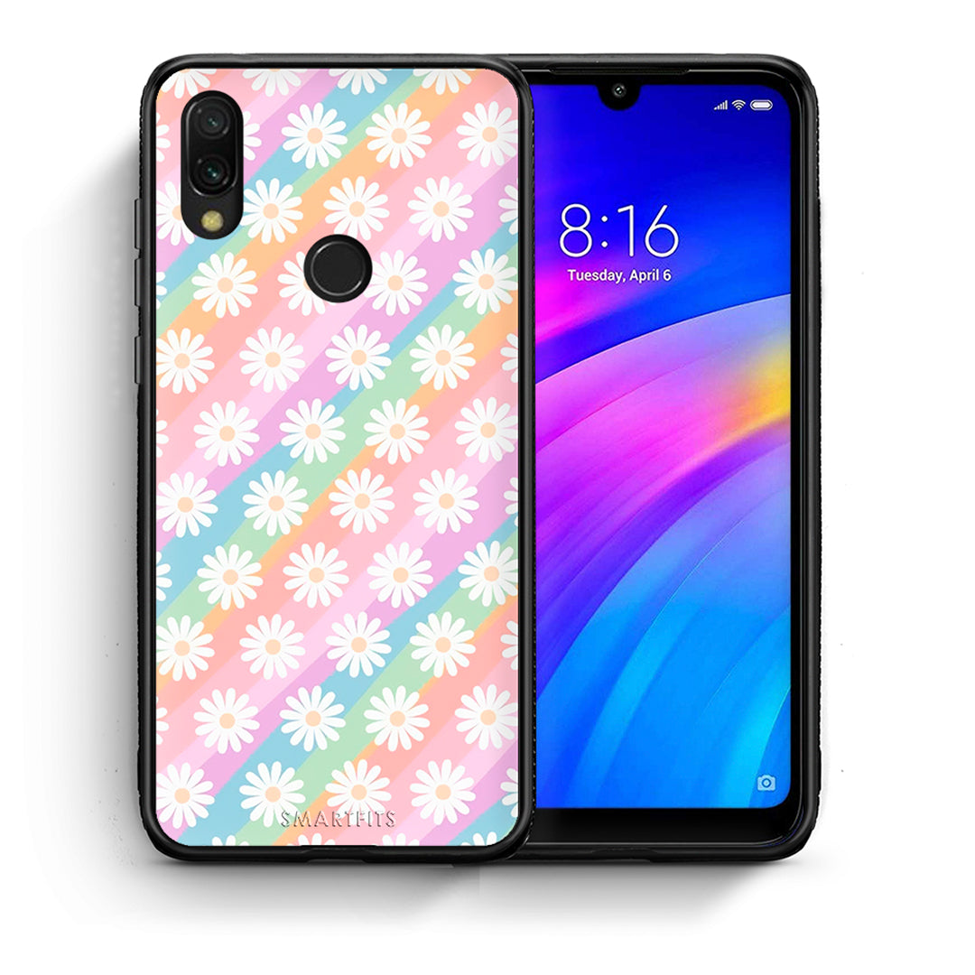 Θήκη Xiaomi Redmi 7 White Daisies από τη Smartfits με σχέδιο στο πίσω μέρος και μαύρο περίβλημα | Xiaomi Redmi 7 White Daisies case with colorful back and black bezels