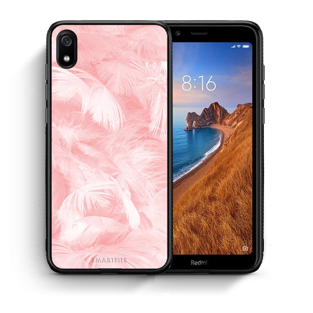 Θήκη Xiaomi Redmi 7A Pink Feather Boho από τη Smartfits με σχέδιο στο πίσω μέρος και μαύρο περίβλημα | Xiaomi Redmi 7A Pink Feather Boho case with colorful back and black bezels