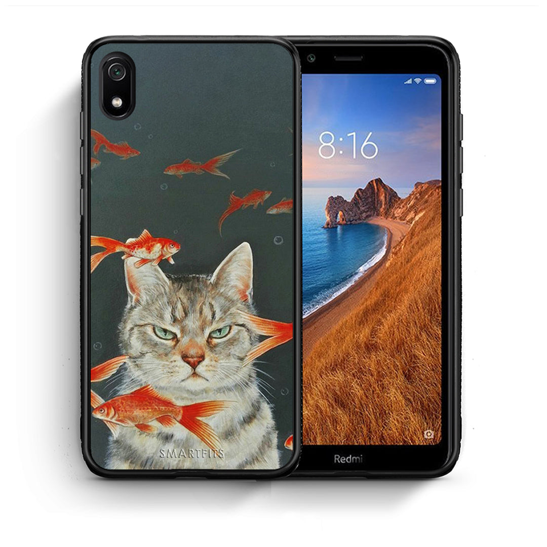 Θήκη Xiaomi Redmi 7A Cat Goldfish από τη Smartfits με σχέδιο στο πίσω μέρος και μαύρο περίβλημα | Xiaomi Redmi 7A Cat Goldfish case with colorful back and black bezels